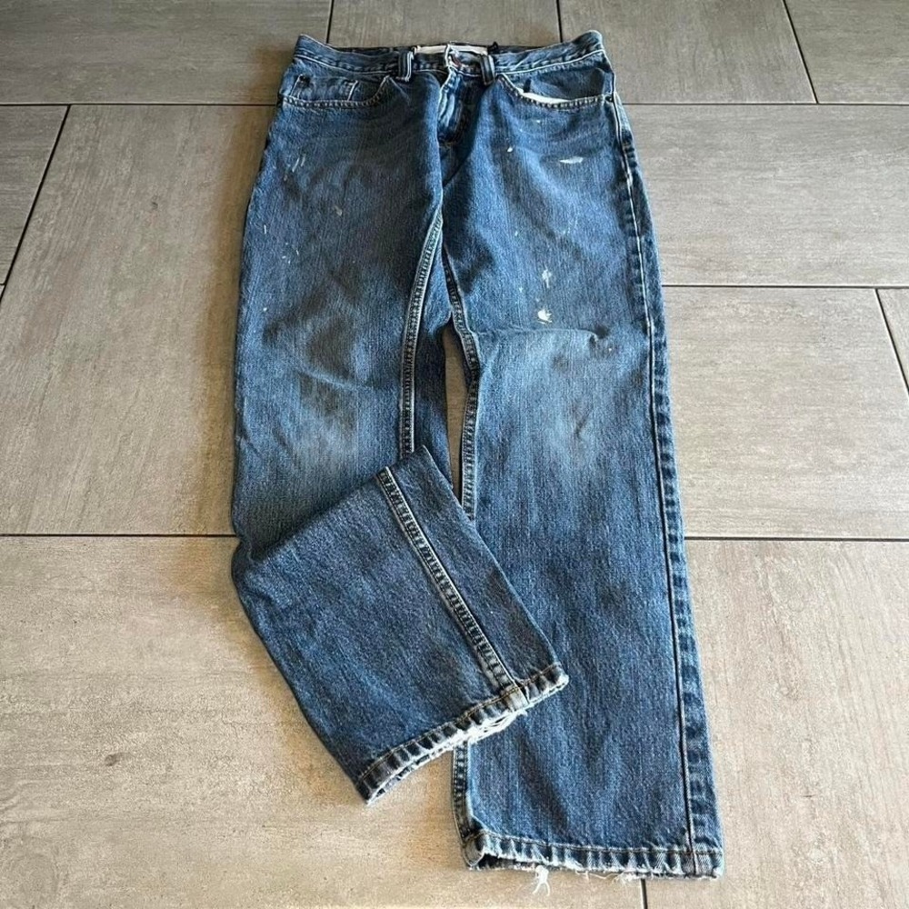Free World Mens Straight Leg Distressed Blue Jeans 30x30 Paint Splatter Skate